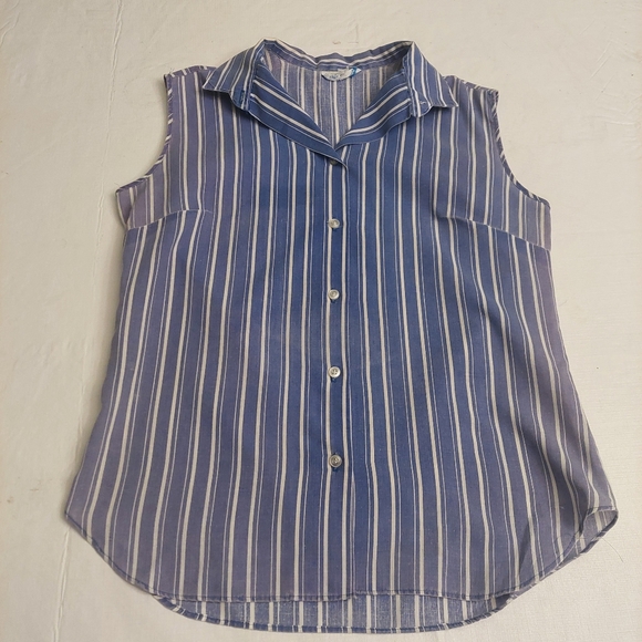 Paris Station Vintage Blue White Striped Sleeveless Button Up Shirt Coastal Sz M - Picture 9 of 9